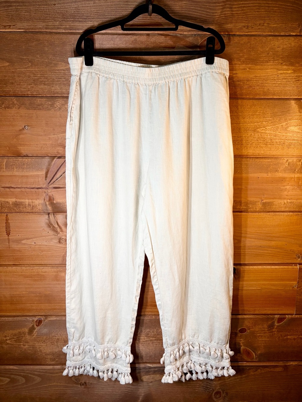 crown & ivy Cream Cropped Pom-Pom Trim 100% Linen Lounge Pants Size XL 🌸💕